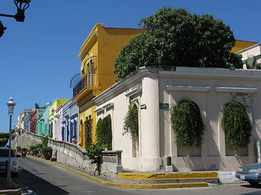 This row of restored homes extends right to the sea in Mazatlán's historic center