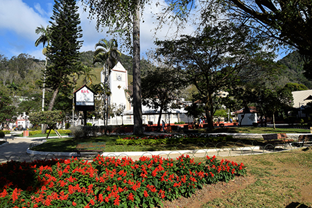 The colorful town square is the social center of Domingos Martins