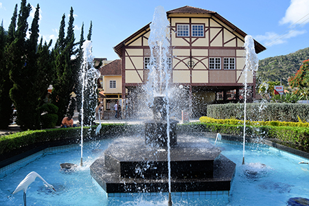 A house with a water fountain