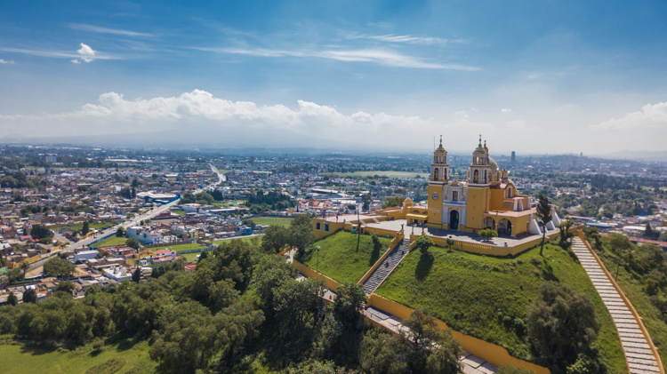 Beautiful aerial view of Puebla Mexico and its church