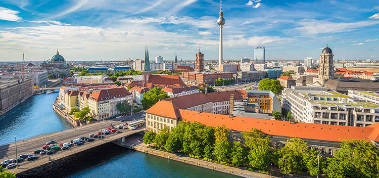 aerial view of bridge leading in to Berlin near the Fernsehturm