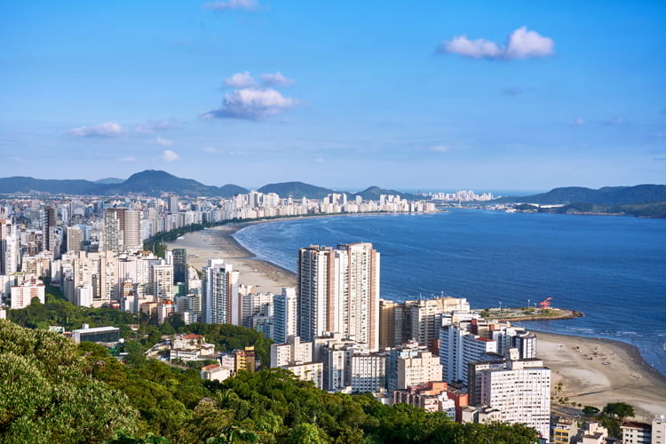 Aerial view of Santos city, county seat of Baixada Santista, on the coast of Sao Paulo state, Brazil