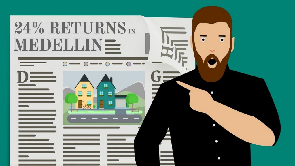 cartoon man with a beard pointing to a newspaper headline about rental returns in medellin