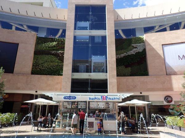 floral walls in mall, fornt view of the mall with umbrellas in the front with people 