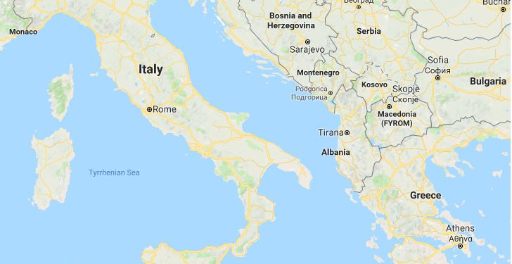 A map showing Montenegro, Croatia and Italy