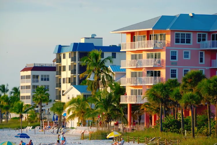 Pink, blue and white condo at the beach