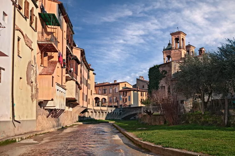 Modigliana, Forli-Cesena, Emilia-Romagna, Italy: the old town with the canal and the ancient houses