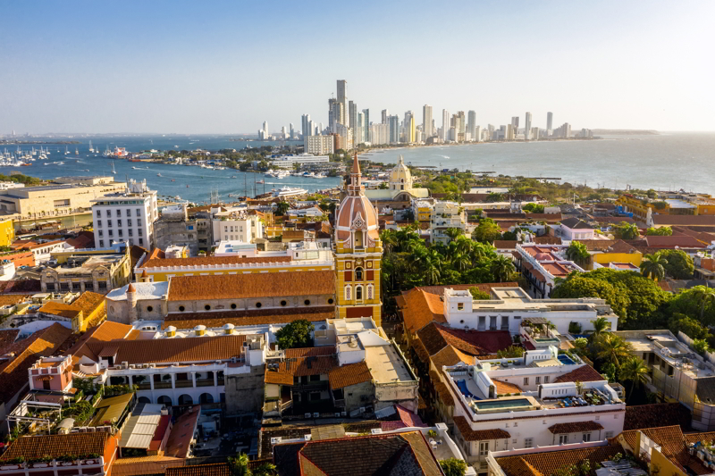 Aerial view of the historic city center of Cartagena, Colombia. 