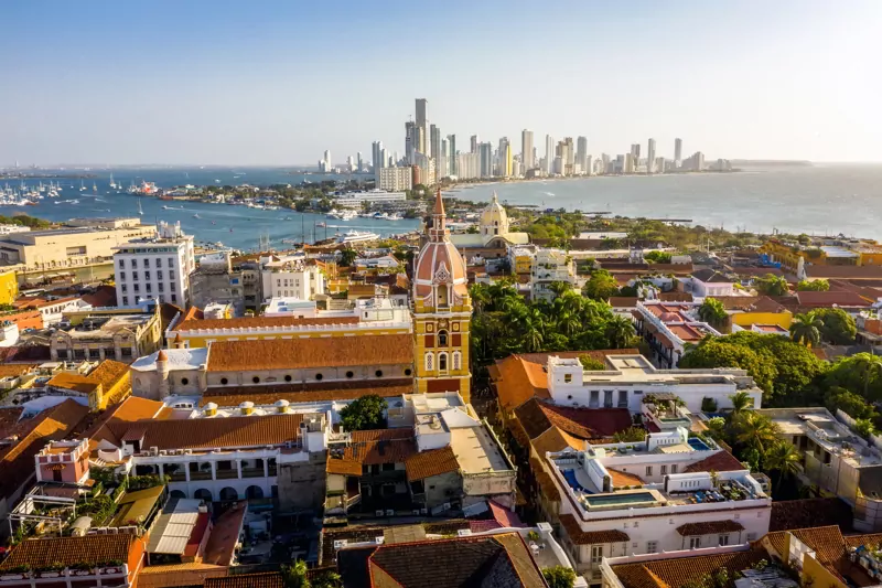 Aerial view of the historic city center of Cartagena, Colombia.