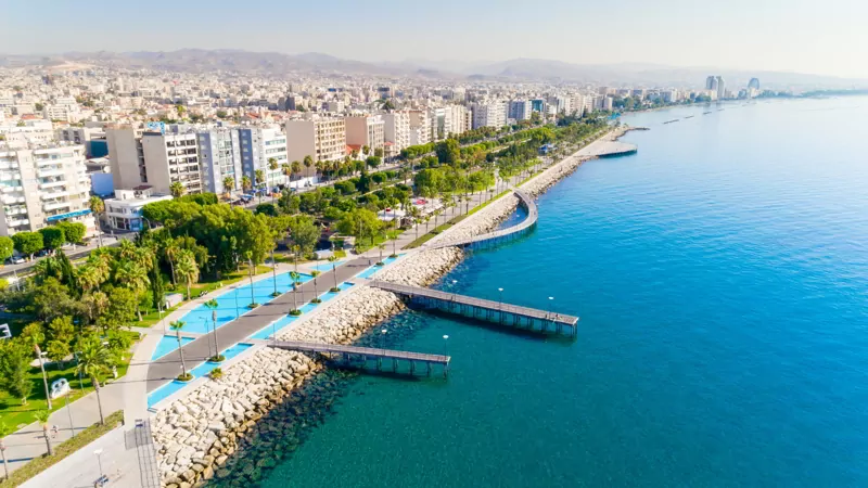 Aerial view of Molos Promenade park on the coast of Limassol city centre in Cyprus. 