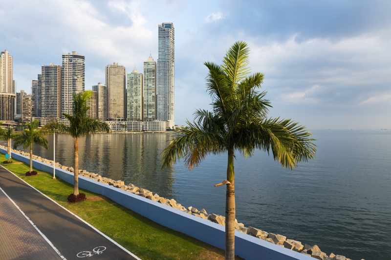 View of the financial district in downtown City of Panama, Panama.