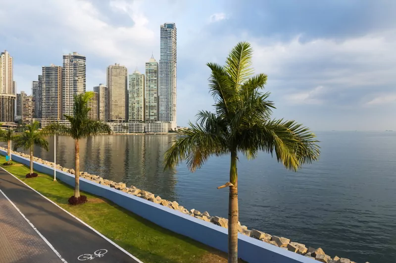 View of the financial district in downtown City of Panama, Panama. 