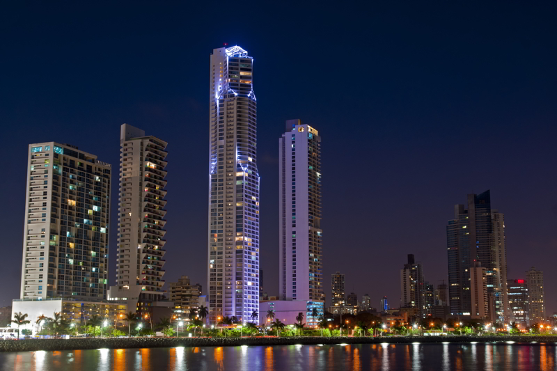 Skyline of Panama City, Panama at night.