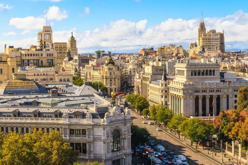 Madrid cityscape and aerial view of of Gran Via shopping street, Spain.
