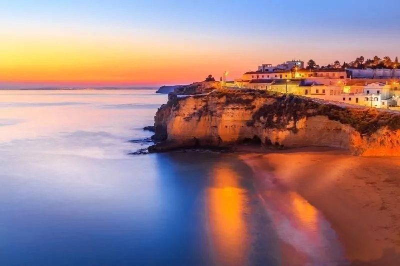 A panorama of Carvoeiro at the dusk in Algarve region, Portugal.
