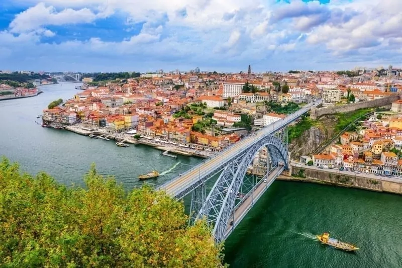 Porto, Portugal cityscape on the Douro River and Dom Luis I Bridge.