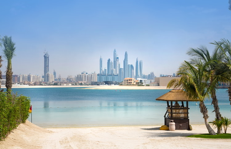 Dubai skyscrapers cityscape view from the Jumeirah island