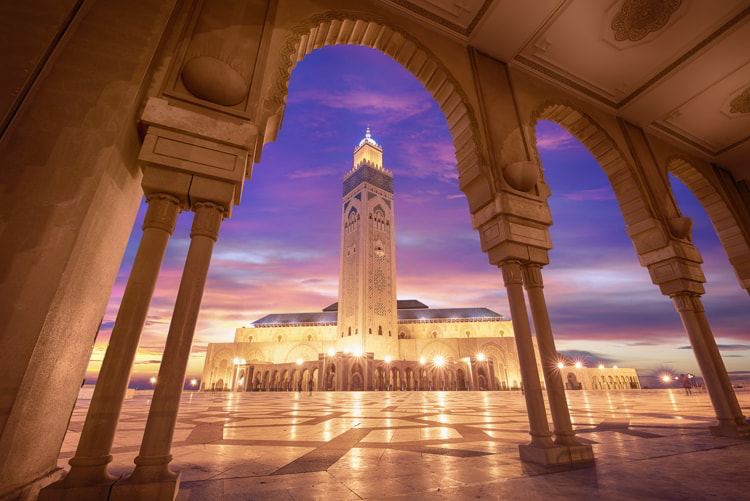 The Hassan II Mosque at sunset in Casablanca, Morocco