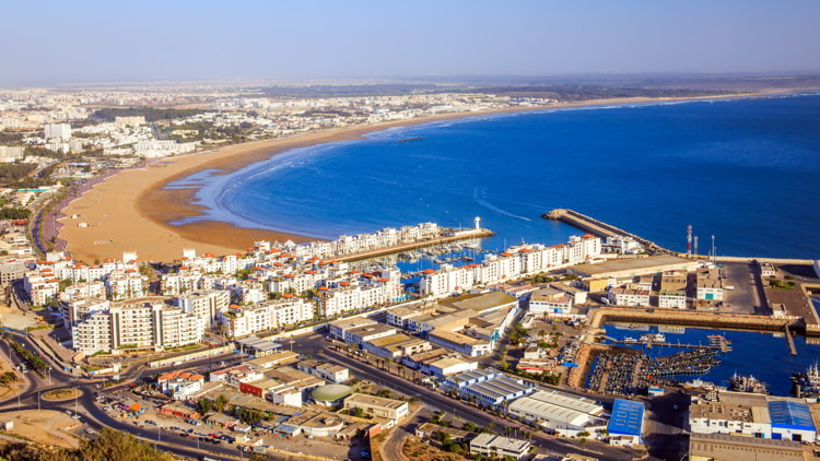 Panorama of Agadir, Morocco with sandy beaches and blue waters