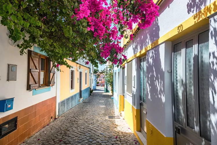 Colorful houses and pink flowers in Ferragudo, Portugal