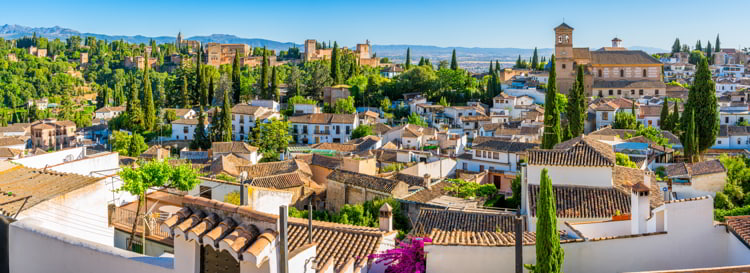 Panoramic sight of the Alhambra Palace and the Albaicin district in Granada in Andalusia, Spain.