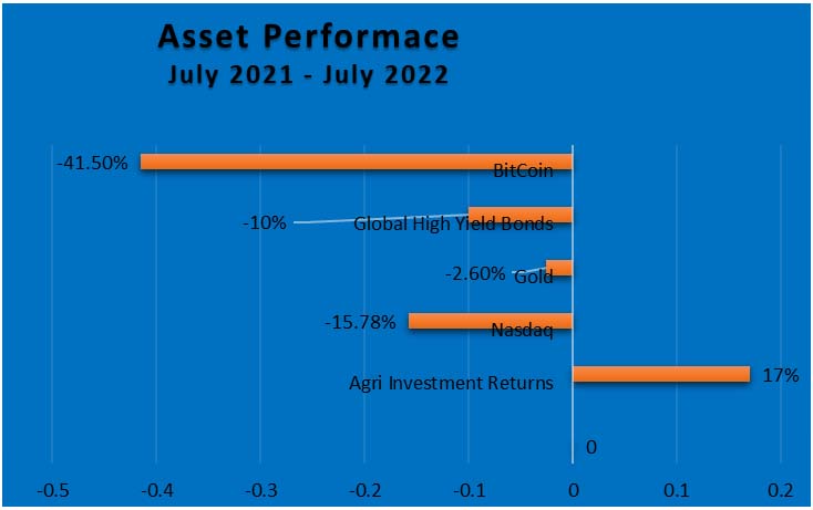A graph of the performance of several investments