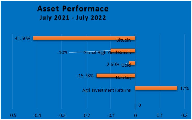 A graph of the performance of several investments
