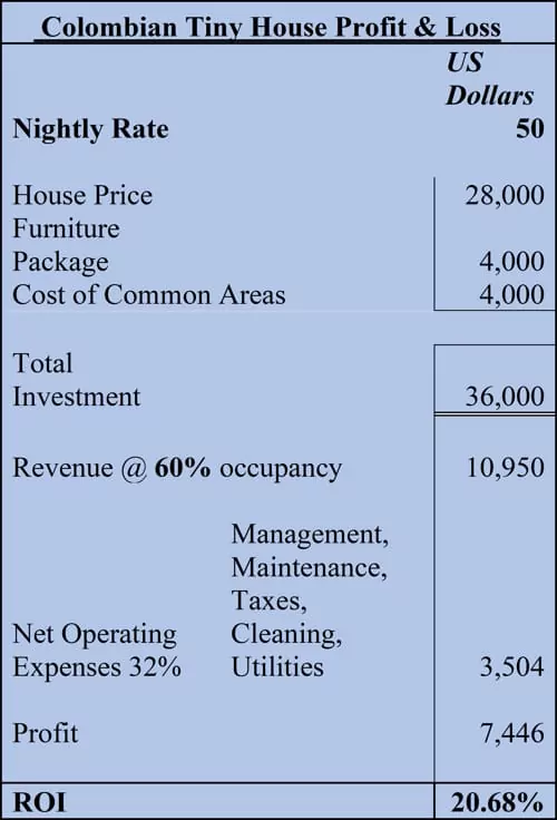 Pro forma profit and loss statement of Colombian tiny house project