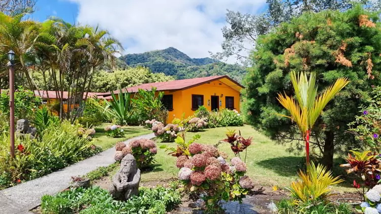 Panama, Boquete, villa with lush tropical garden in the jungle among the volcanic hills