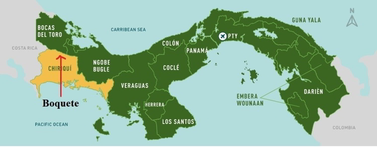 A Panama map with an arrow pointing to Boquete