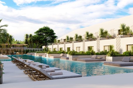 a render of a project pool area in comporta, Hamptons of Europe