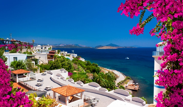 Pink and purple flowers frame a sea view in Ortakent, Bodrum, Turkey