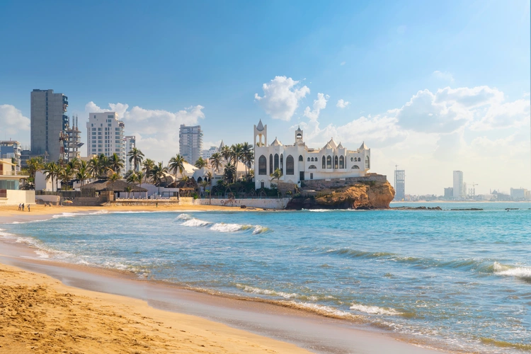 Sandy beach and resorts along the Playa Gaviotas beach at the Golden Zone of the Sinaloa Rivera, at Mazatlan, Mexico.