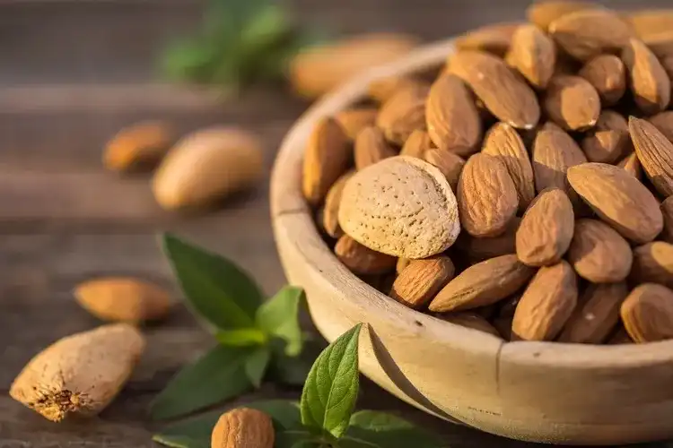 Almonds in a wooden bowl.