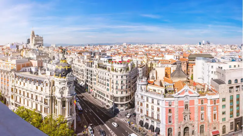 Madrid skyline. Panorama over the capital of Spain with a view of Gran Vía and the Metropolis Building.