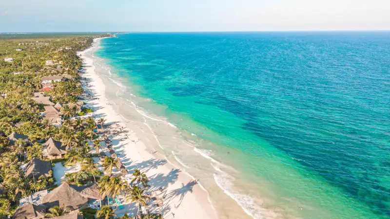 Amazing aerial view of Tulum Beach, in the Caribbean Ocean, near Cancun, Mexico