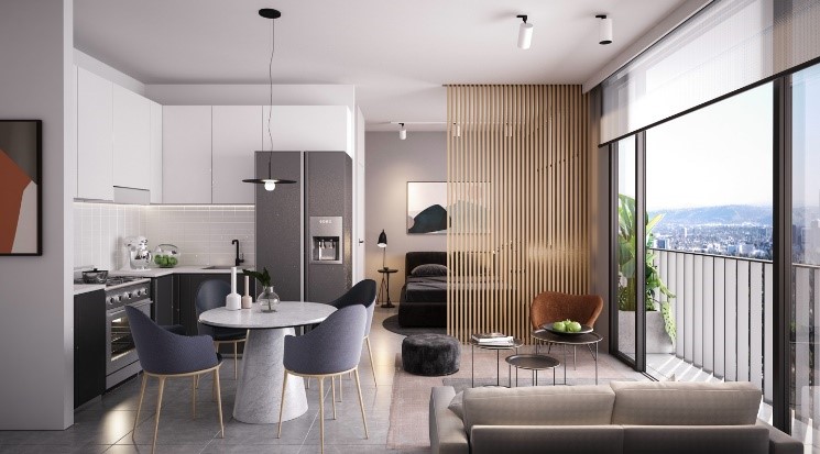 modern open-plan apartment with a sleek kitchen, cozy living area, wood-slat divider, and large balcony windows overlooking the city.