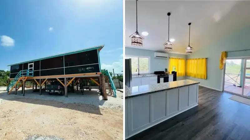A raised stilt home with covered outdoor space is shown alongside a bright, modern kitchen interior featuring an island, pendant lighting, and an open, airy layout.
