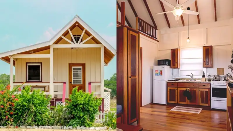 charming small cottage exterior is shown next to a warm, rustic interior kitchen