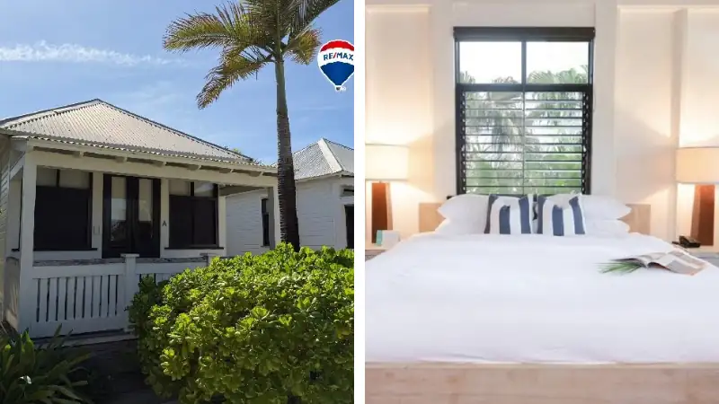 It shows a cozy tropical home, combining its charming exterior with a bright, calm bedroom inside—suggesting a peaceful, island-style living space surrounded by palm trees and natural light.
