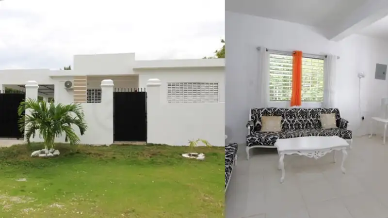 single-story white home shown from the outside alongside a bright, minimalist interior living room