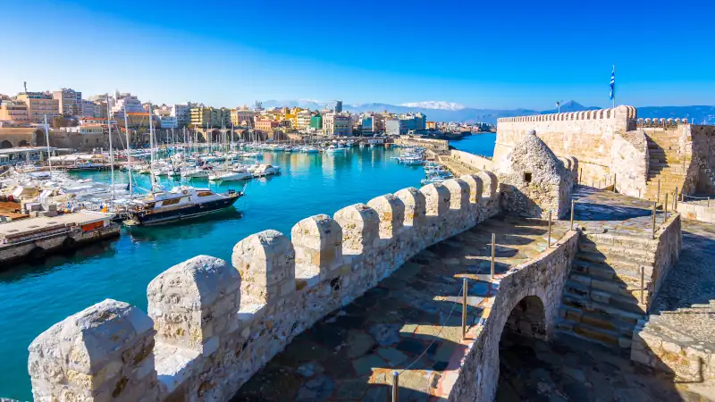 Heraklion harbour with old venetian fort Koule and shipyards, Crete, Greece