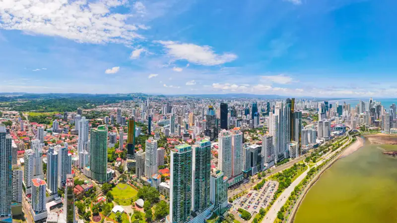 An aerial view of Panama City’s skyline along the coast.