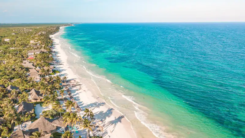 Amazing aerial view of Tulum Beach, in the Caribbean Ocean, near Cancun, Mexico