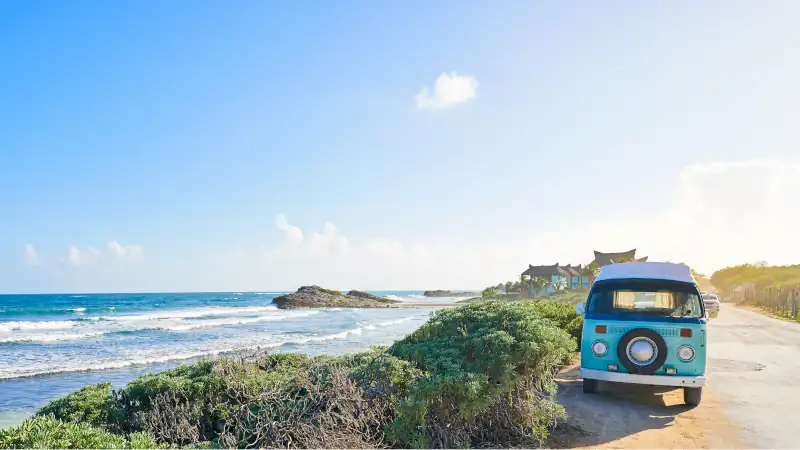 Tulum Caribbean beach with van Riviera Maya