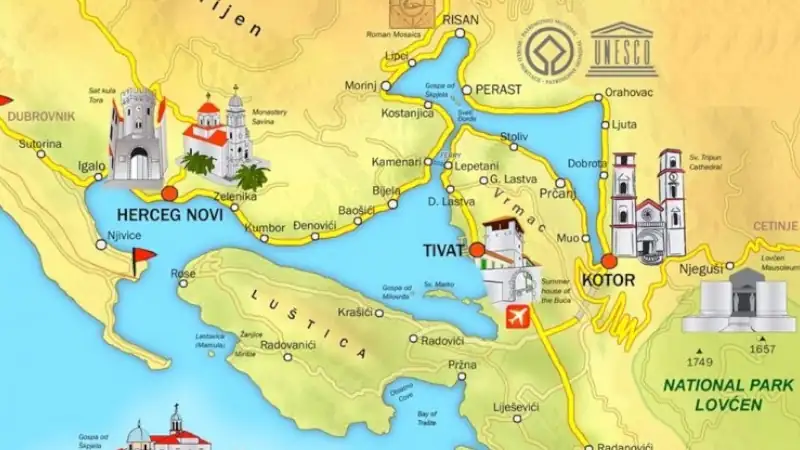 Illustrated map of Montenegro’s Bay of Kotor, showing Kotor, Tivat, Herceg Novi, Perast, Risan, Lovćen National Park, and surrounding coastal areas.