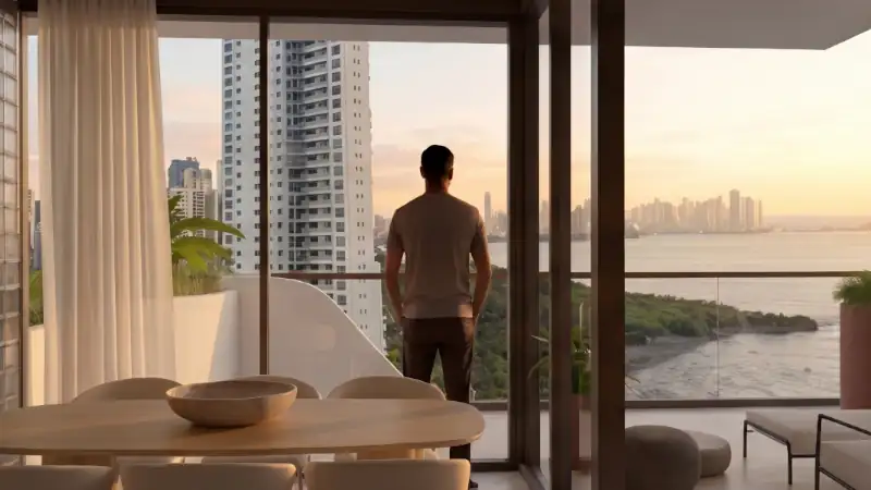 Luxury oceanfront apartment with panoramic views of Panama City.
