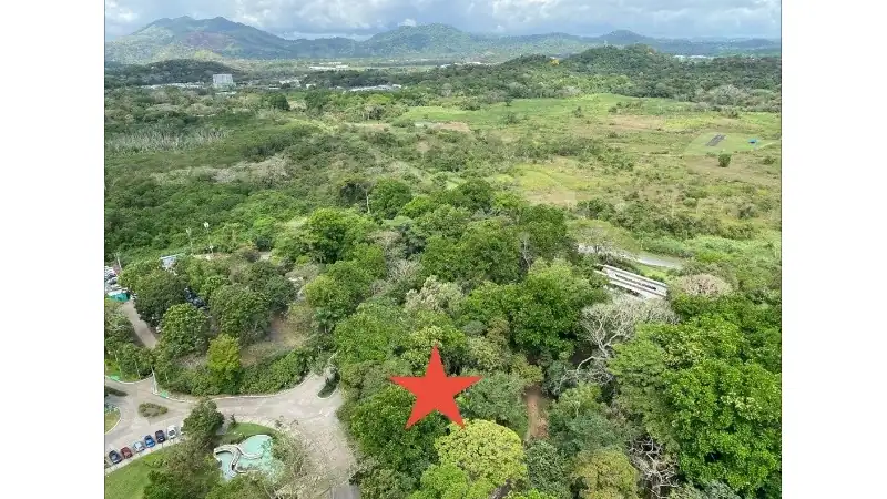 Aerial view of a lush tropical property surrounded by dense greenery, open land, and distant mountains, with a red star marking the featured location.