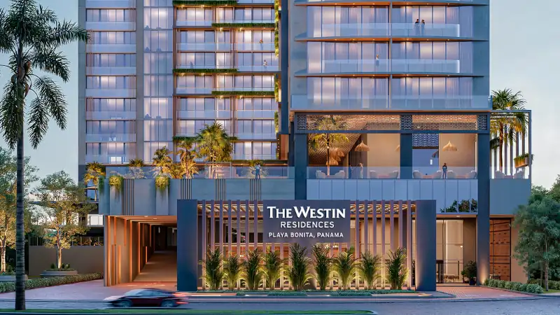 Modern Westin Residences Playa Bonita in Panama, featuring luxury apartments, contemporary architecture, and lush tropical landscaping.