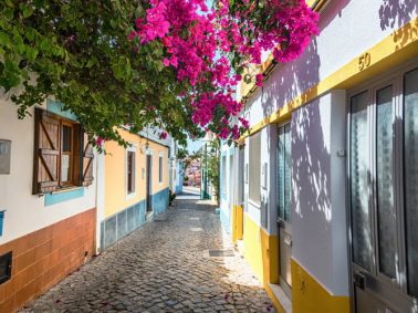 Colorful houses and pink flowers in Ferragudo, Portugal